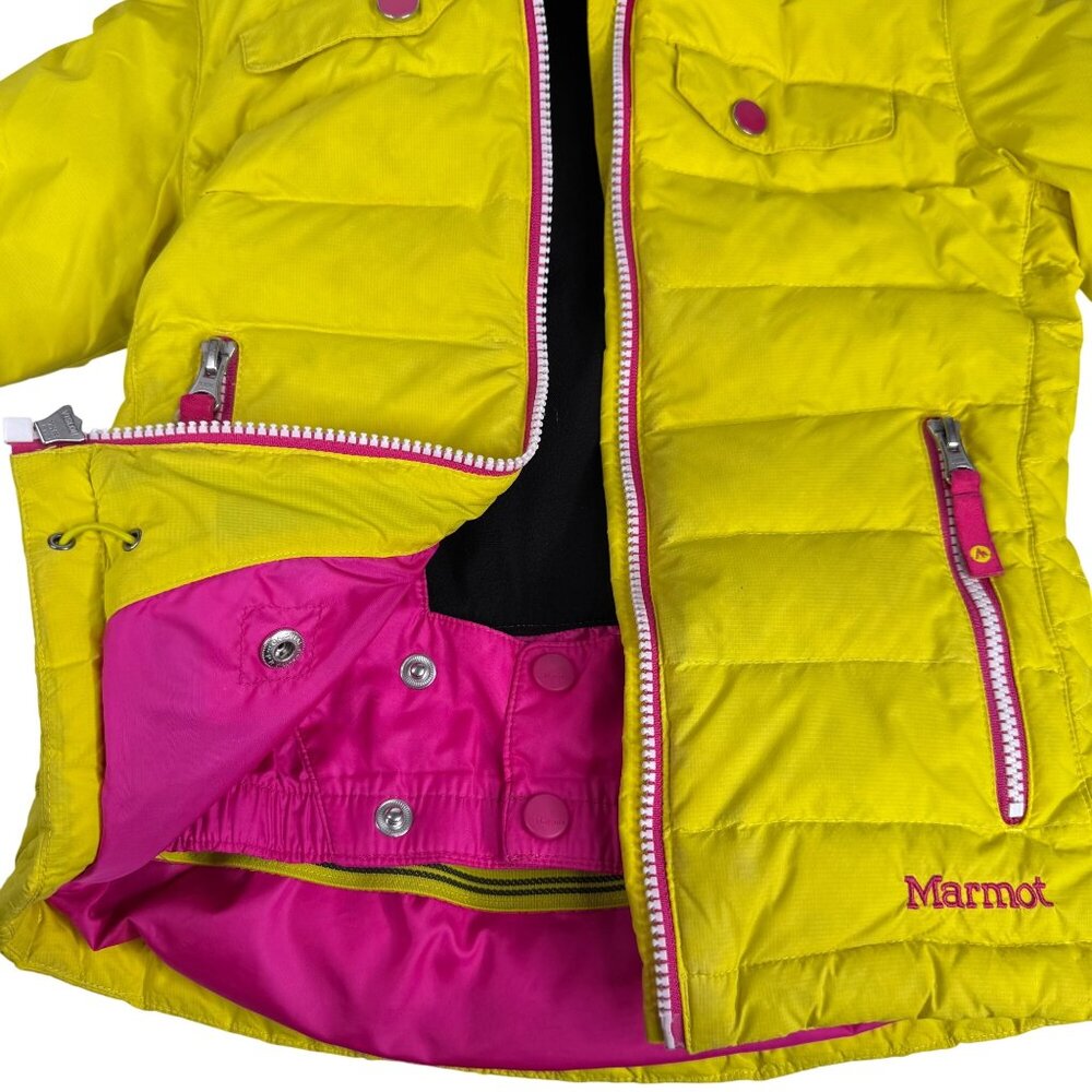 Marmot Girls Puffer Down Jacket Yellow Pink XS Warm Insulated Hooded Windproof - Picture 15 of 16